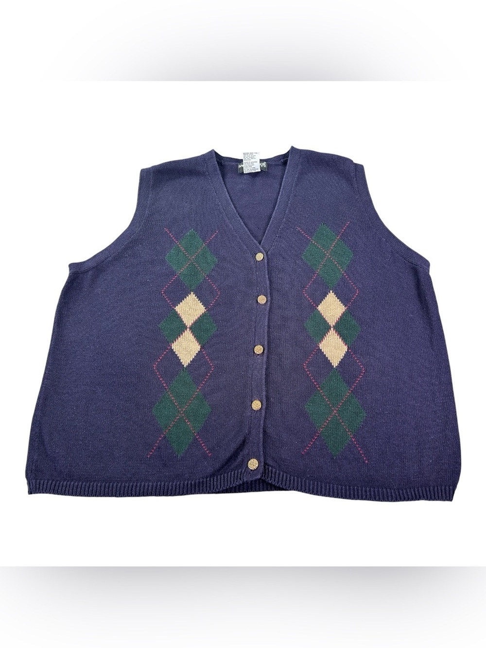 Vintage 90s Sage Harbor Woman 2X Argyle Sweater Vest Ramie Cotton Grandpa Preppy